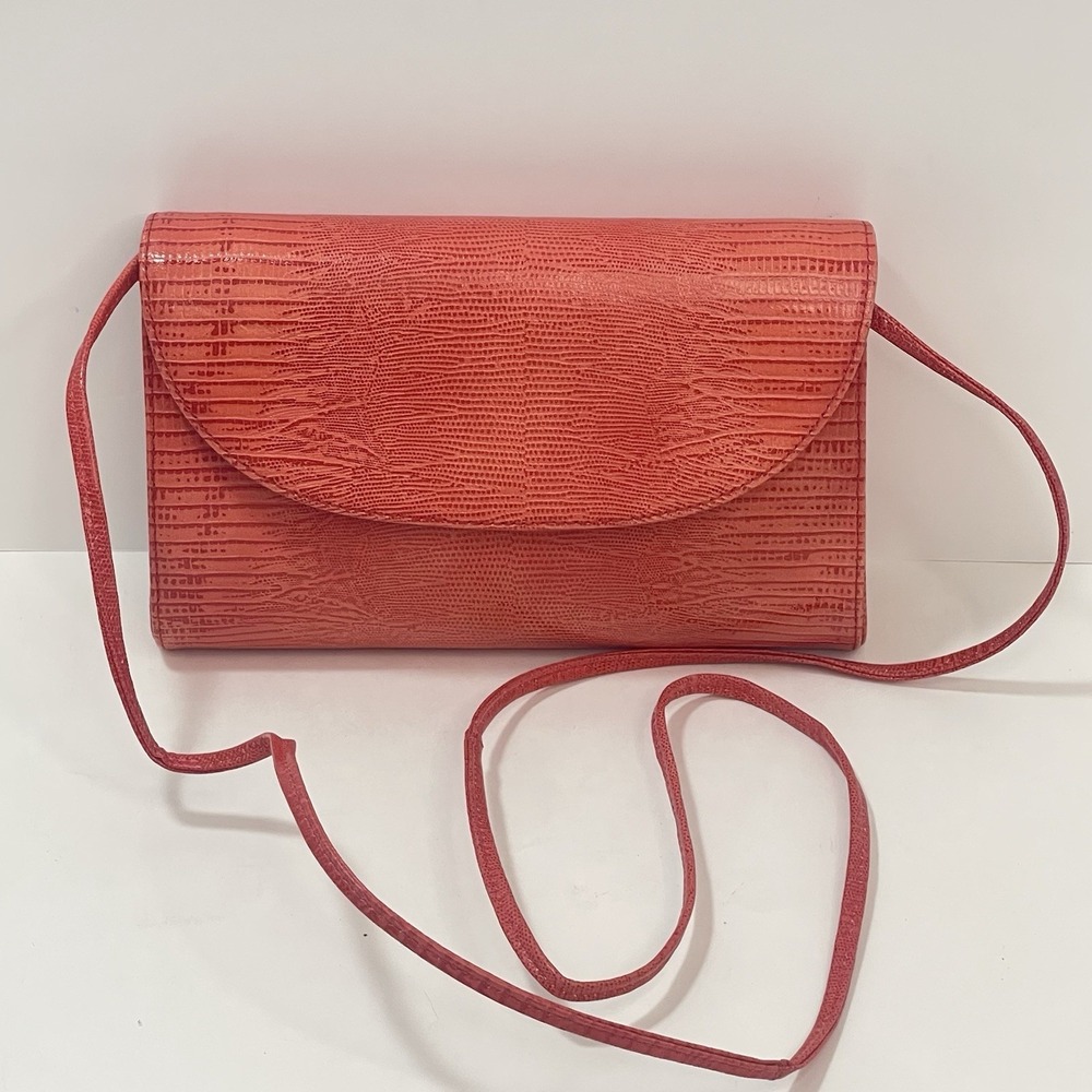 Vintage Koret Coral Orange Reptile Leather Envelope Crossbody Purse Bag